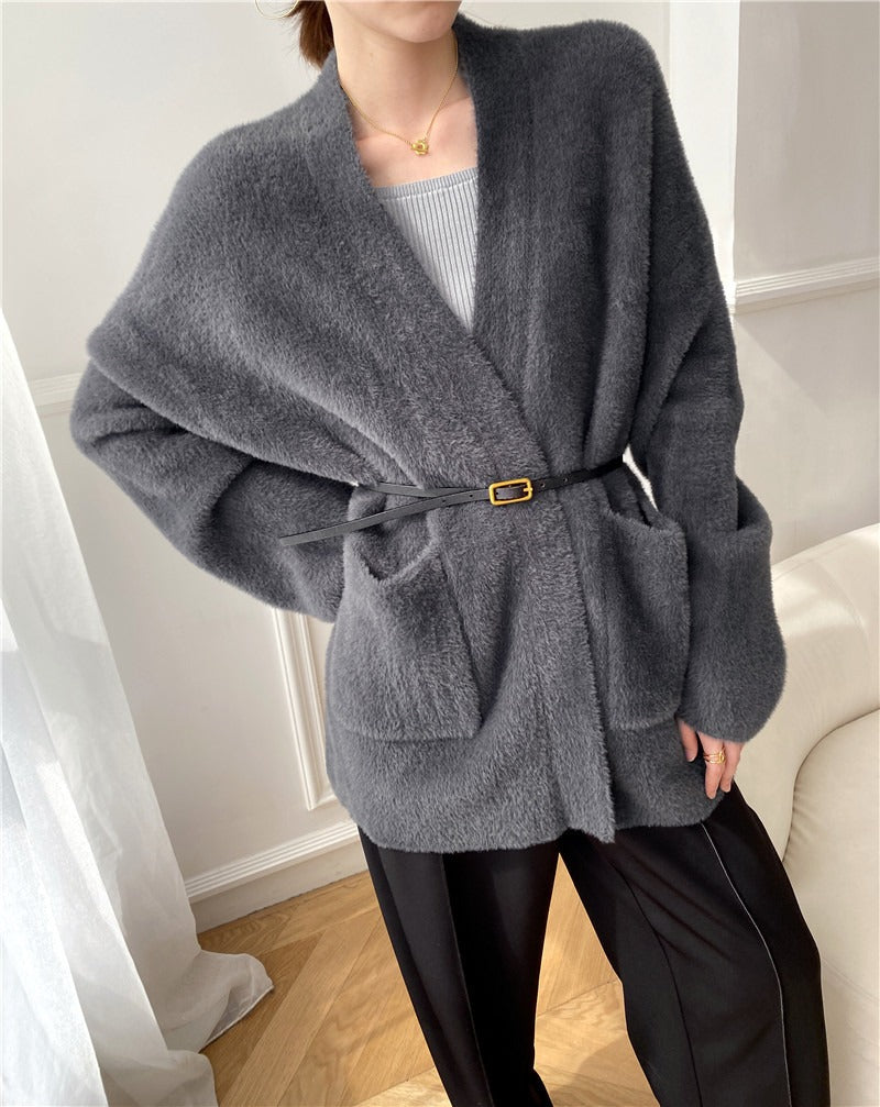 Heavy cargo temperament imitates mink fur sweater jacket women's loose and lazy thick knitted cardigan without shedding hair eprolo