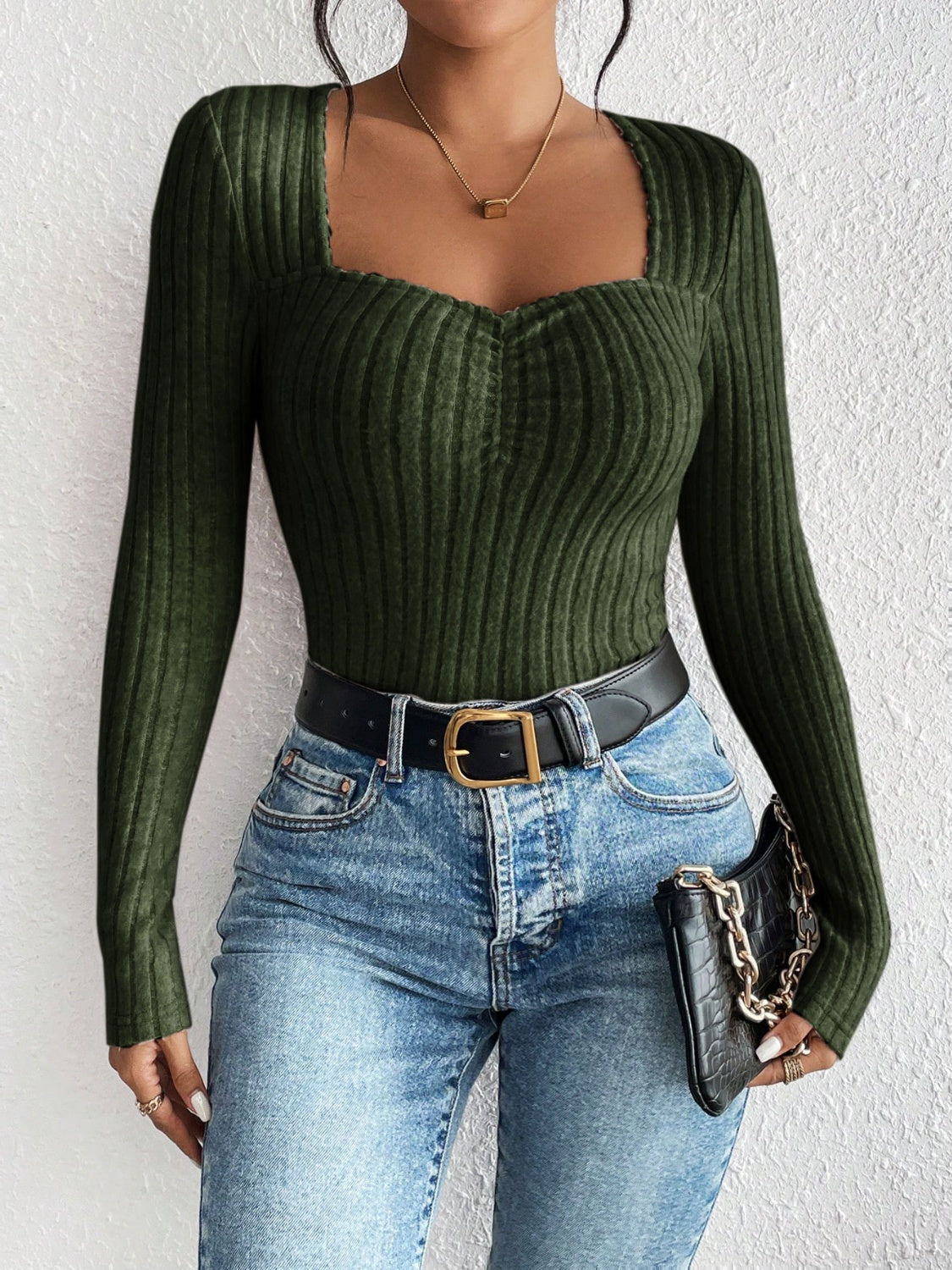 Honey Ribbed Long Sleeve T-Shirt Trendsi