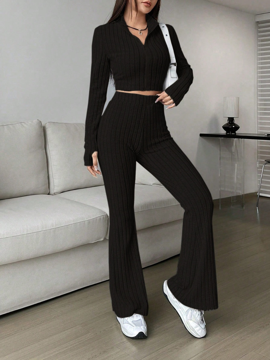 Honey Zip Up Long Sleeve Top and Pants Set Trendsi