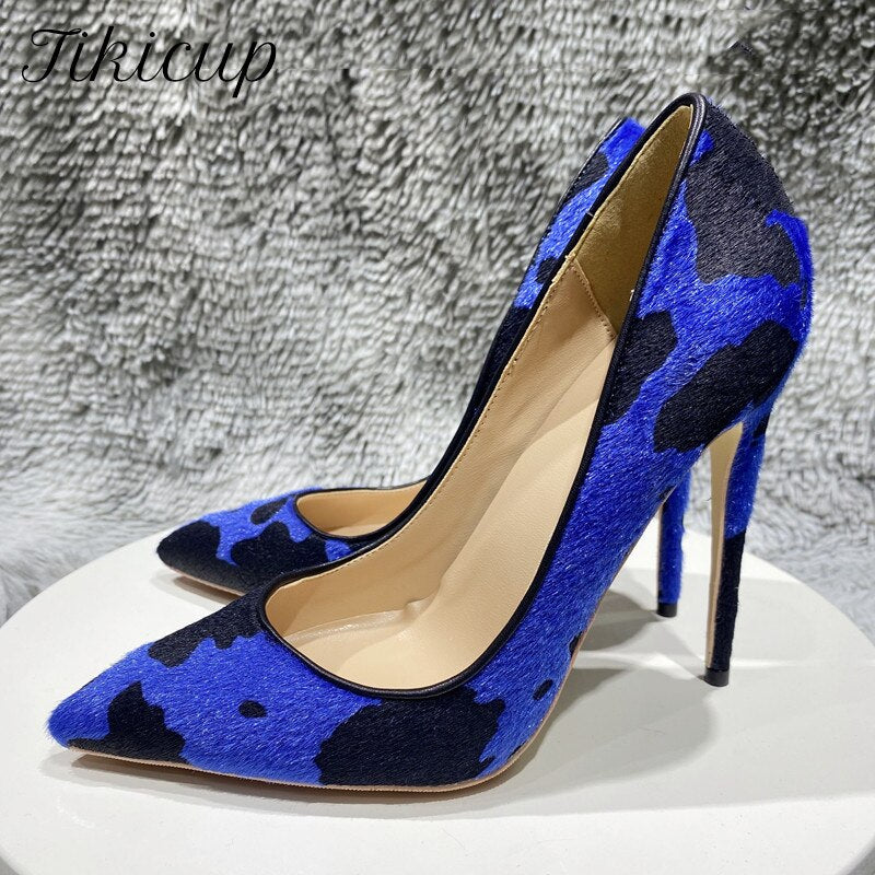 Tikicup Blue Cow Women Hairy Flock Pointy Toe High Heel Shoes Comfortable Elegant Ladies Formal Dress Slip On Stiletto Pumps - House of Cardwell