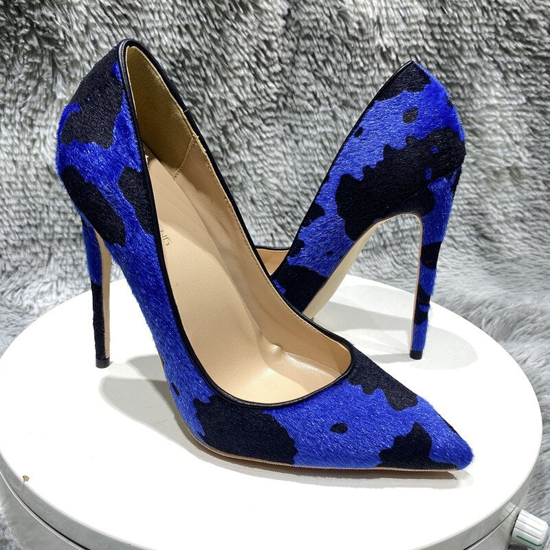 Tikicup Blue Cow Women Hairy Flock Pointy Toe High Heel Shoes Comfortable Elegant Ladies Formal Dress Slip On Stiletto Pumps - House of Cardwell