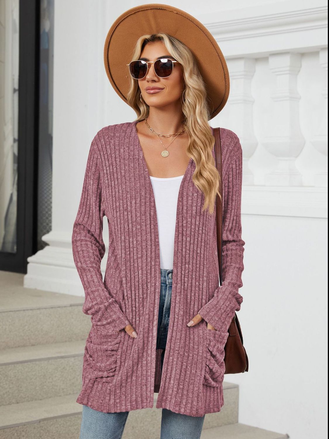 Pocketed Open Front Long Sleeve Cardigan Trendsi