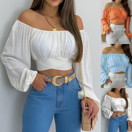 Hot Selling Women's Off Shoulder Cross Tie Long Sleeved Top eprolo