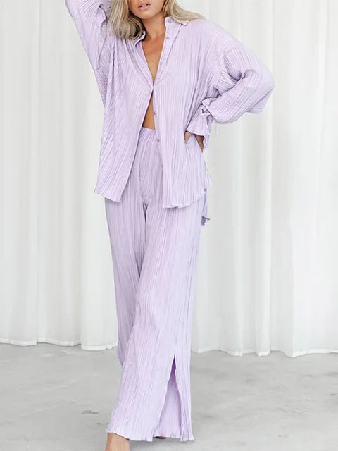 Solid color pleated long sleeved cardigan shirt split top pants two-piece set - House of Cardwell