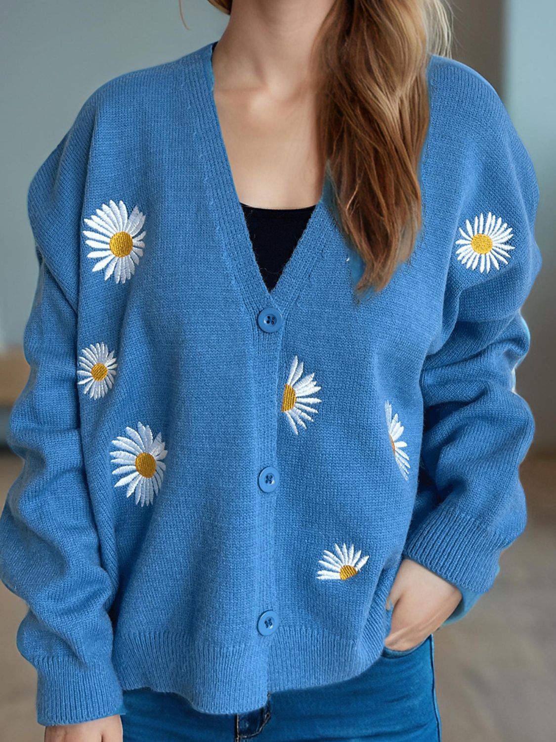 Daisy Button Up V-Neck Cardigan Trendsi