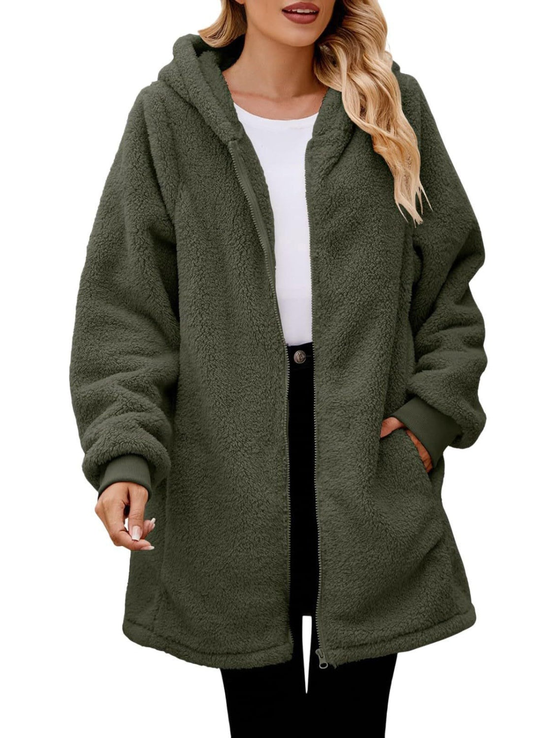 Fuzzy Pocketed Zip Up Long Sleeve Hooded Jacket Trendsi