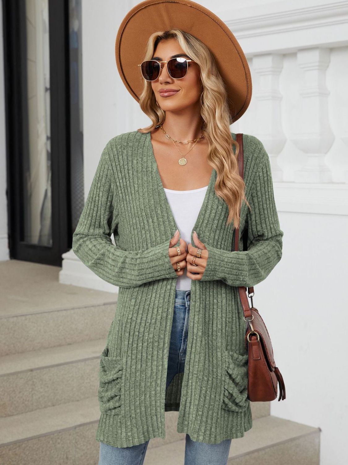 Pocketed Open Front Long Sleeve Cardigan Trendsi