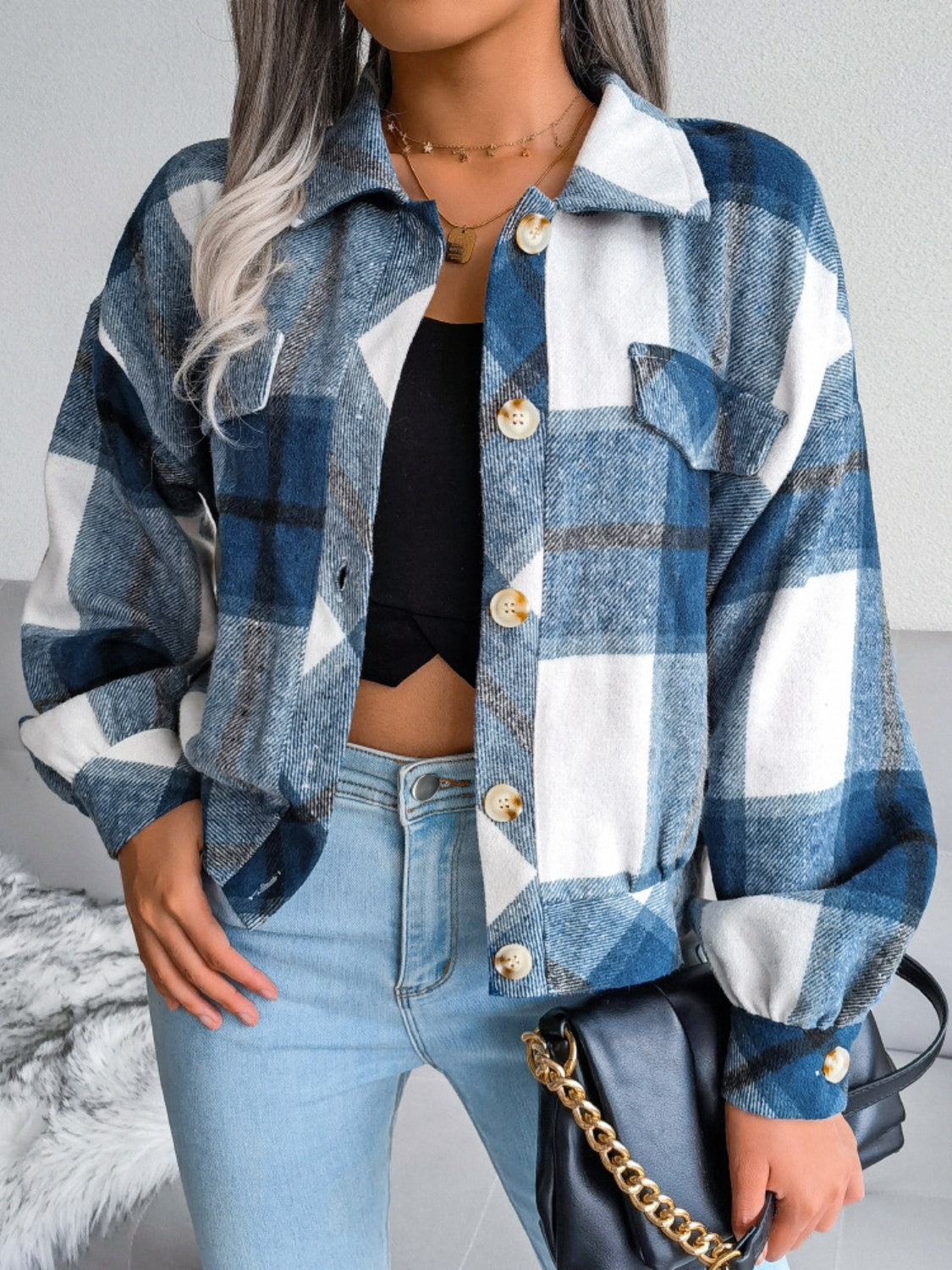 Plaid Collared Neck Long Sleeve Jacket Trendsi