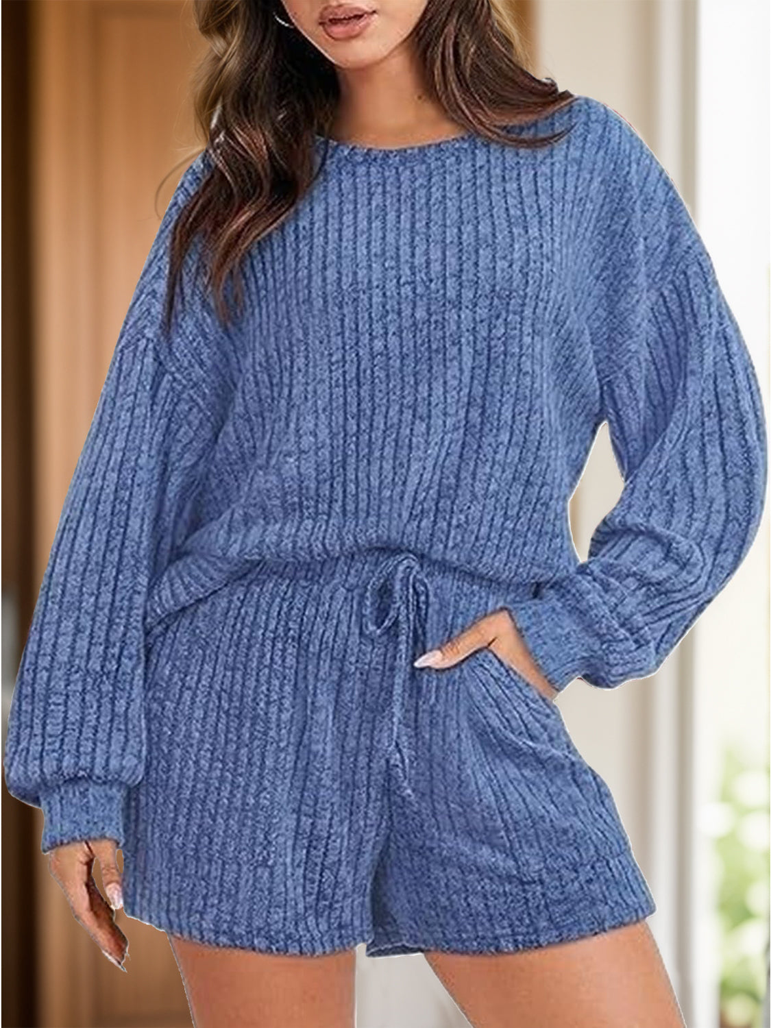 I Simply Love This! Comfy and Warm Round Neck Dropped Shoulder Top and Shorts Set Trendsi