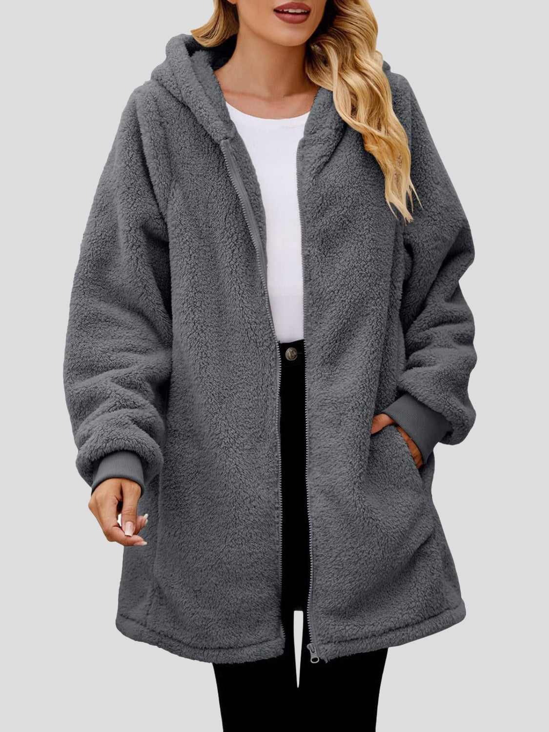 Fuzzy Pocketed Zip Up Long Sleeve Hooded Jacket Trendsi