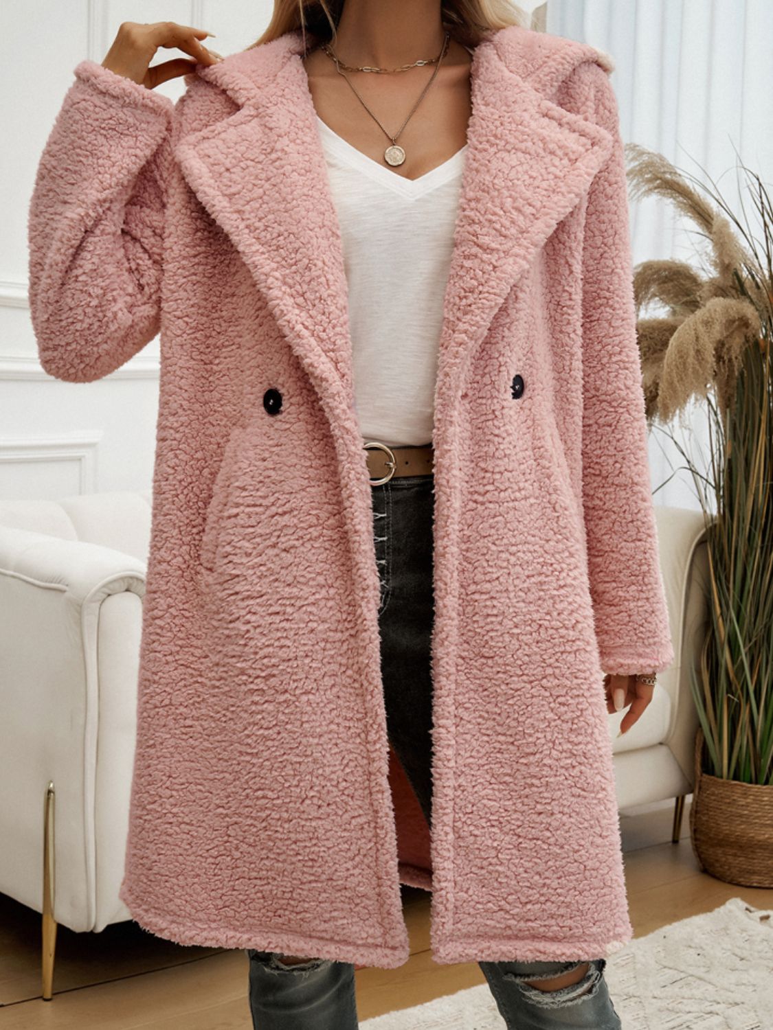 Devine Pocketed Long Sleeve Hooded Teddy Coat Trendsi