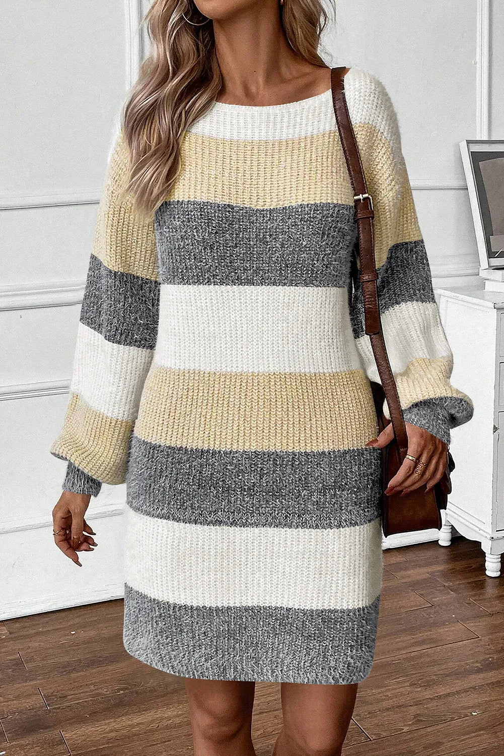 Color Block Boat Neck Long Sleeve Sweater Dress Trendsi