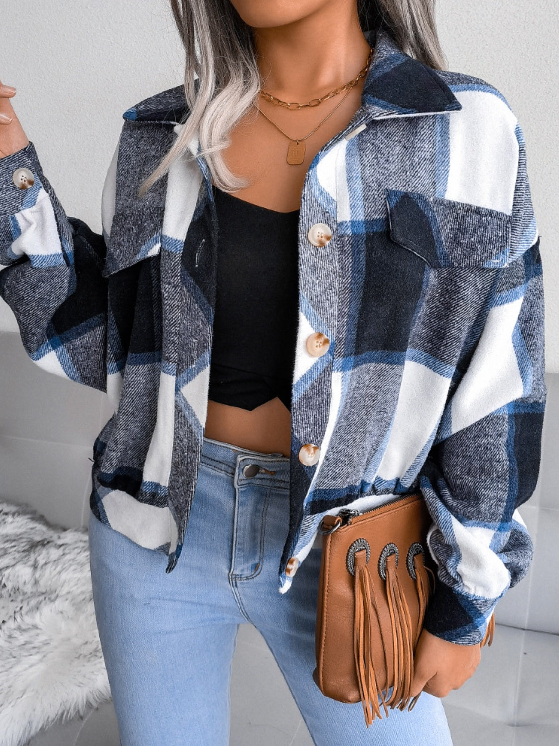 Plaid Collared Neck Long Sleeve Jacket Trendsi