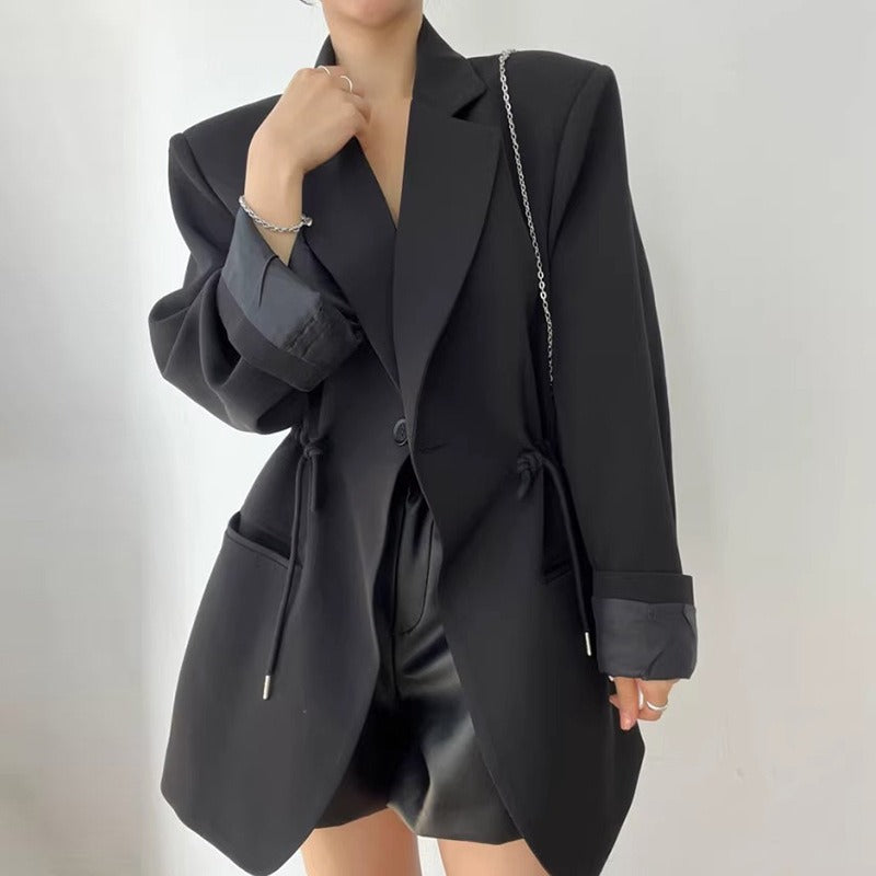 French retro style suit collar, drawstring, waist cinching, slimming pocket, versatile mid length jacket for women eprolo