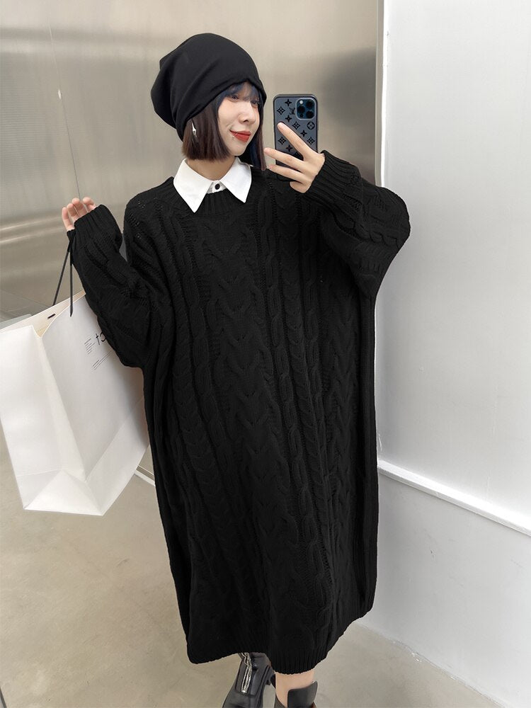 Korean-Inspired Autmn/Winter Cozy and Comfy Long Pullover Outside Streetwear Knitted Sweater Dress eprolo