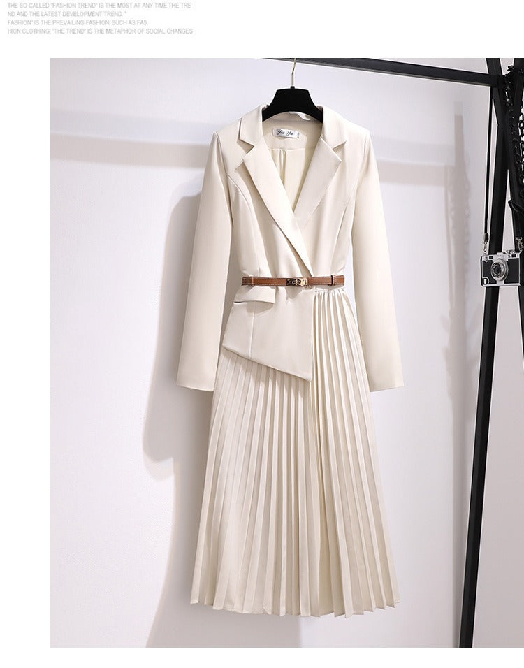 Temperament Autumn and Winter New Suit Jacket Waist Thin Splicing Pleated Skirt Suit eprolo