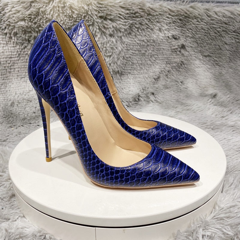 Navy Blue Crocodile Effect Pattern Women Sext Pointy Toe High Heel Shoes Chic Ladies Slip On Stiletto Pumps - House of Cardwell