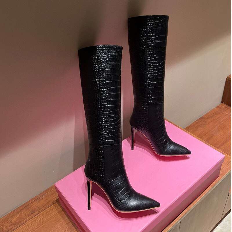 Candy Color Sexy Crocodile Leather Knee-Length High Boots Pointed Toe 10 cm High Heels Fashion Thigh Boots 35-44 Size - House of Cardwell