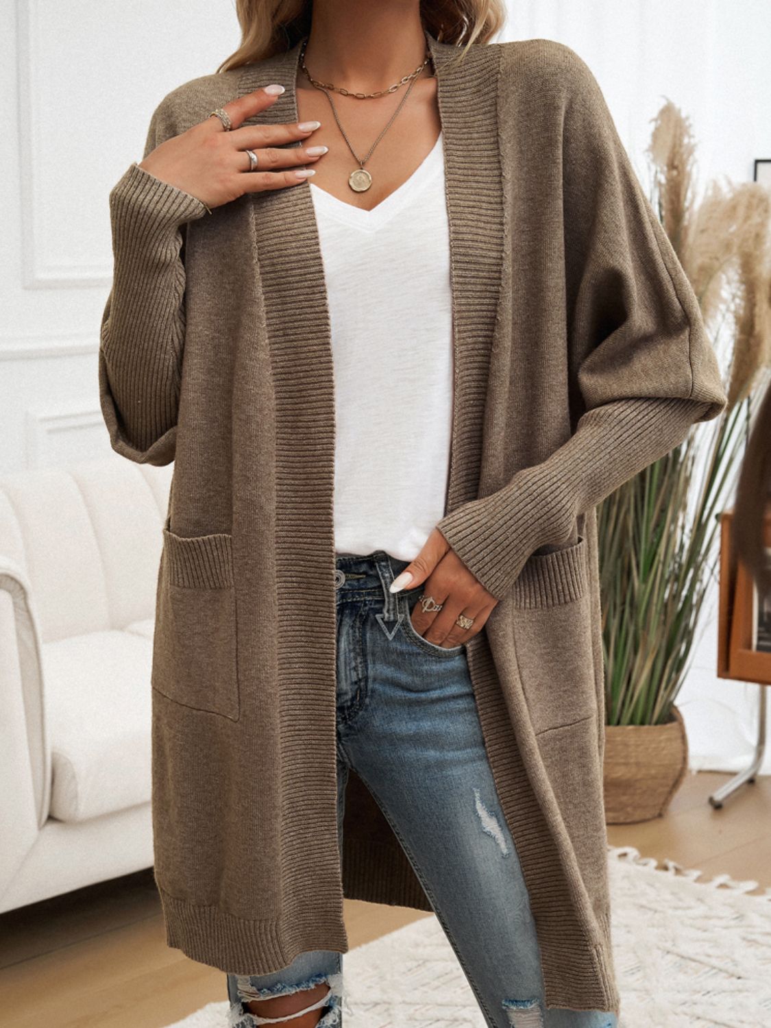 Devine Open Front Long Sleeve Cardigan Trendsi