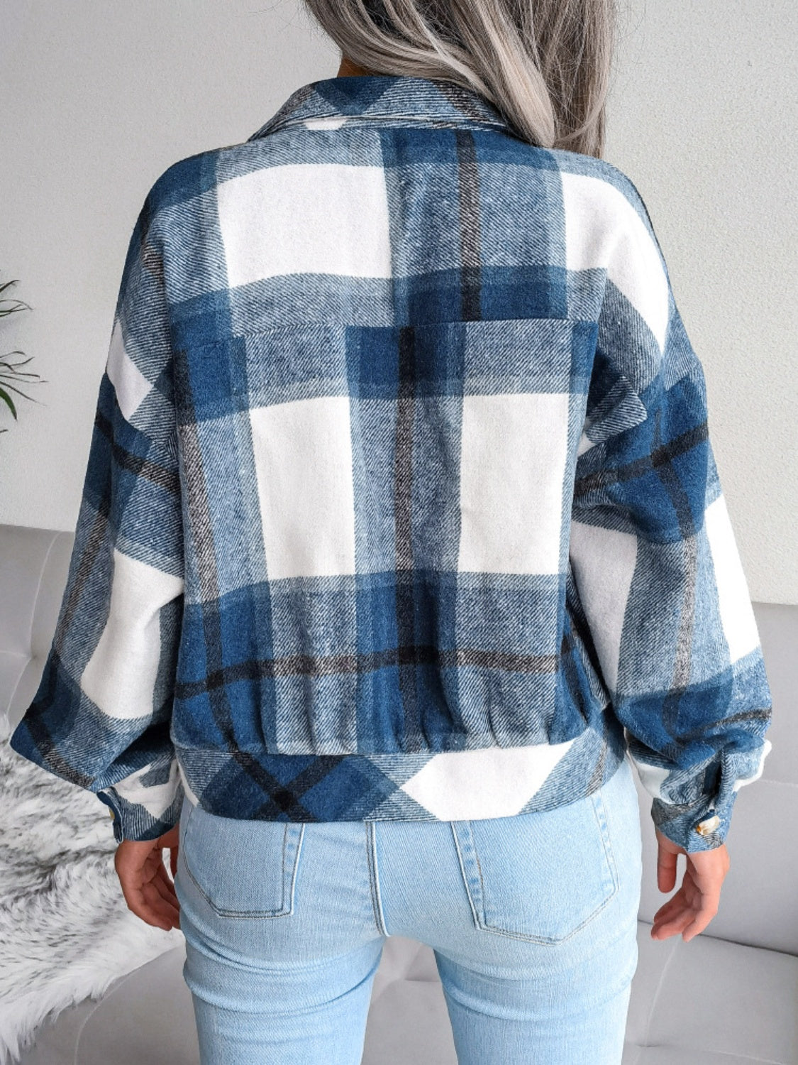 Plaid Collared Neck Long Sleeve Jacket Trendsi