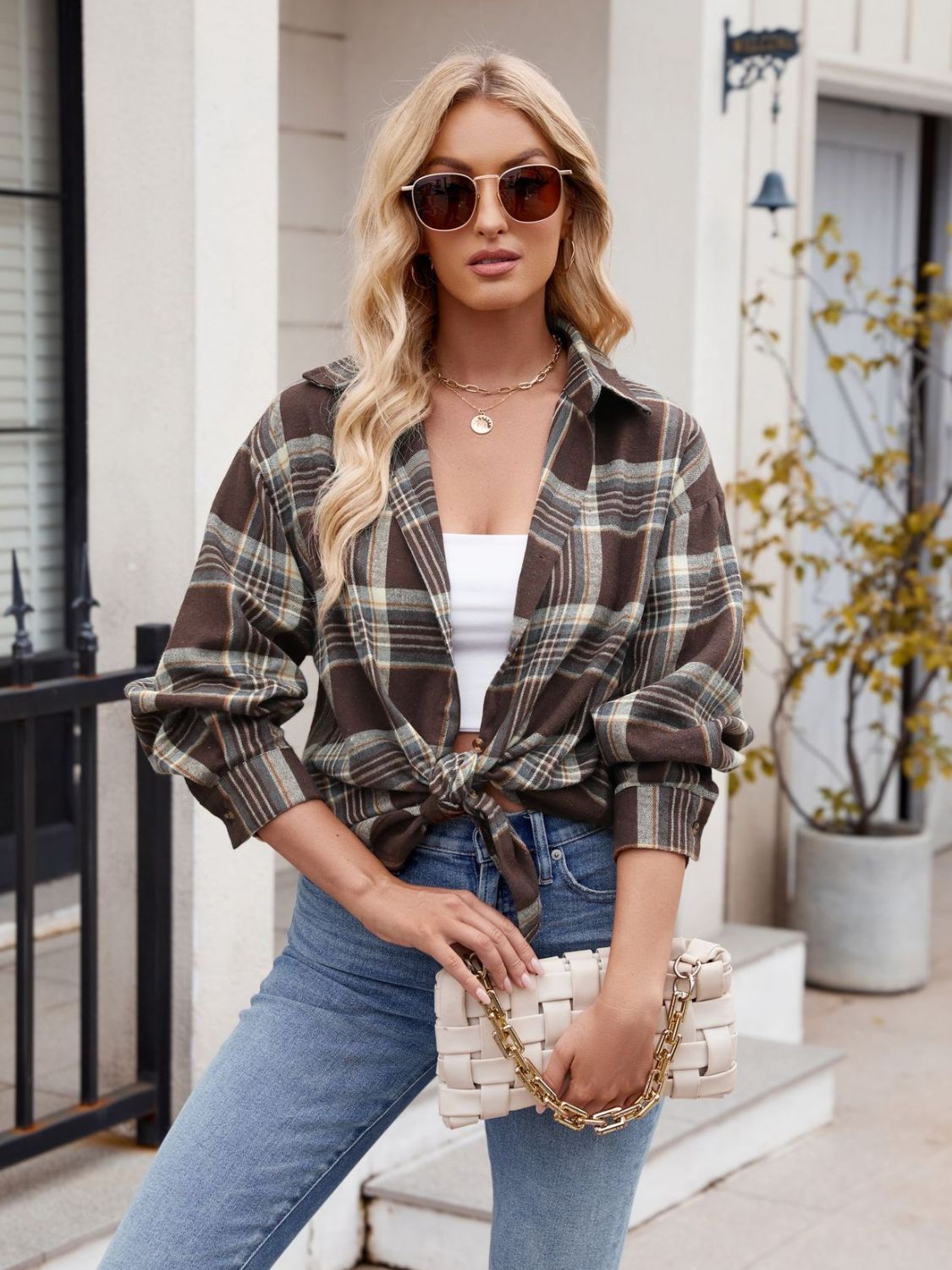 Just For Me Plaid Collared Neck Long Sleeve Shirt - House of Cardwell