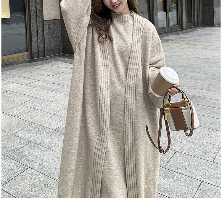 Lazy style long vest dress knitted cardigan set autumn and winter thick temperament versatile sweater jacket eprolo