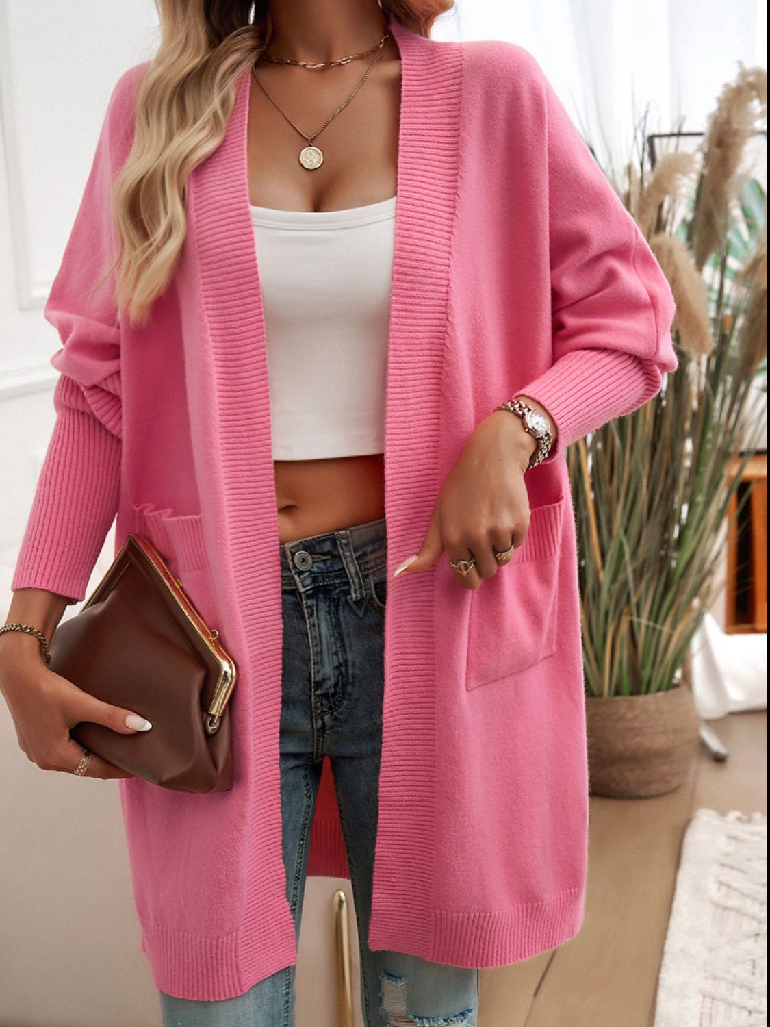 Devine Open Front Long Sleeve Cardigan Trendsi