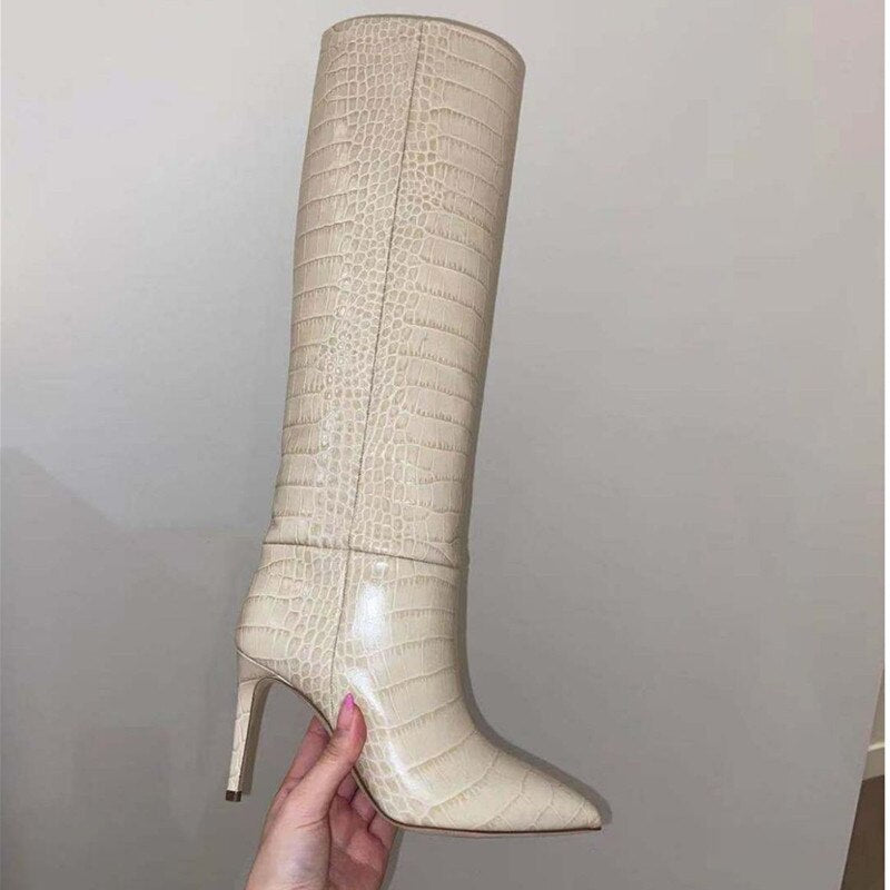 Candy Color Sexy Crocodile Leather Knee-Length High Boots Pointed Toe 10 cm High Heels Fashion Thigh Boots 35-44 Size - House of Cardwell