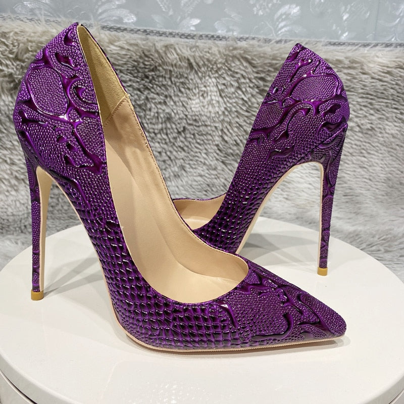 Tikicup Purple Embossed Crocodile Effect Women Pointy Toe Slip On High Heel Shoes for Party Sexy Ladies Dress Stiletto Pumps - House of Cardwell