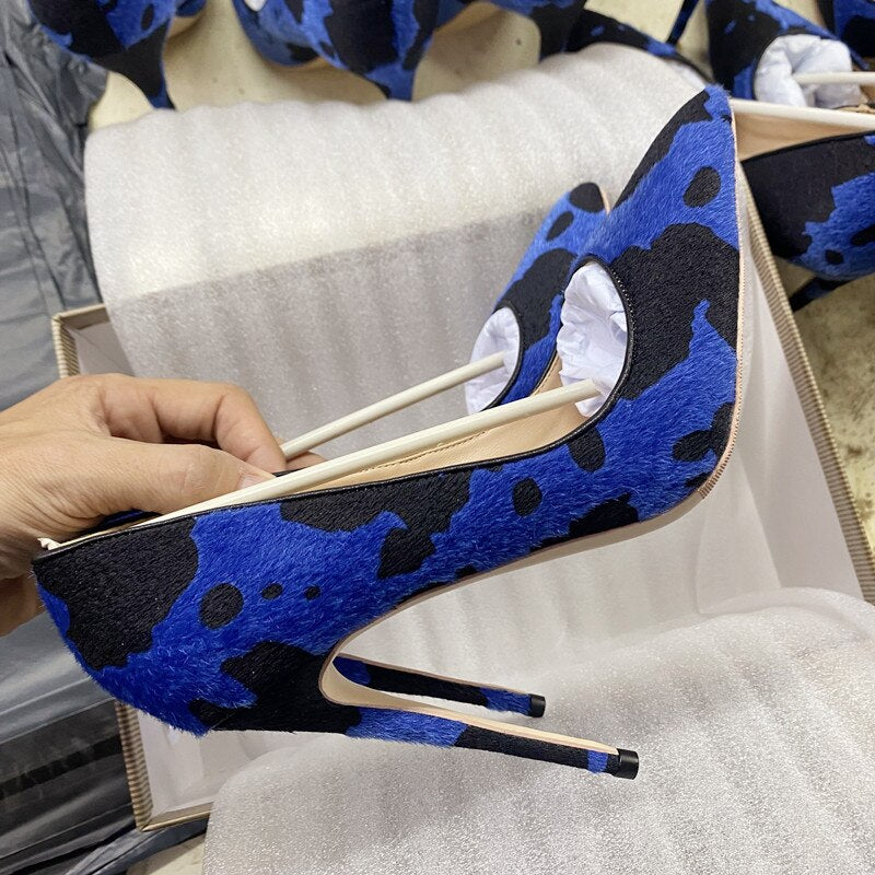 Tikicup Blue Cow Women Hairy Flock Pointy Toe High Heel Shoes Comfortable Elegant Ladies Formal Dress Slip On Stiletto Pumps - House of Cardwell