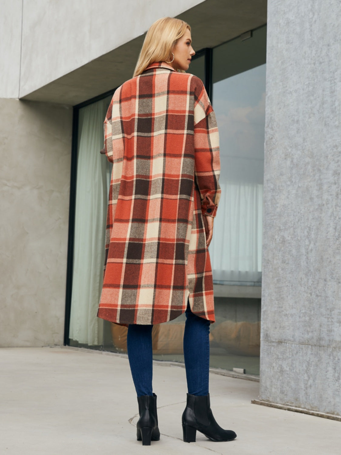 Plaid Pocketed Button Up Trench Coat Trendsi