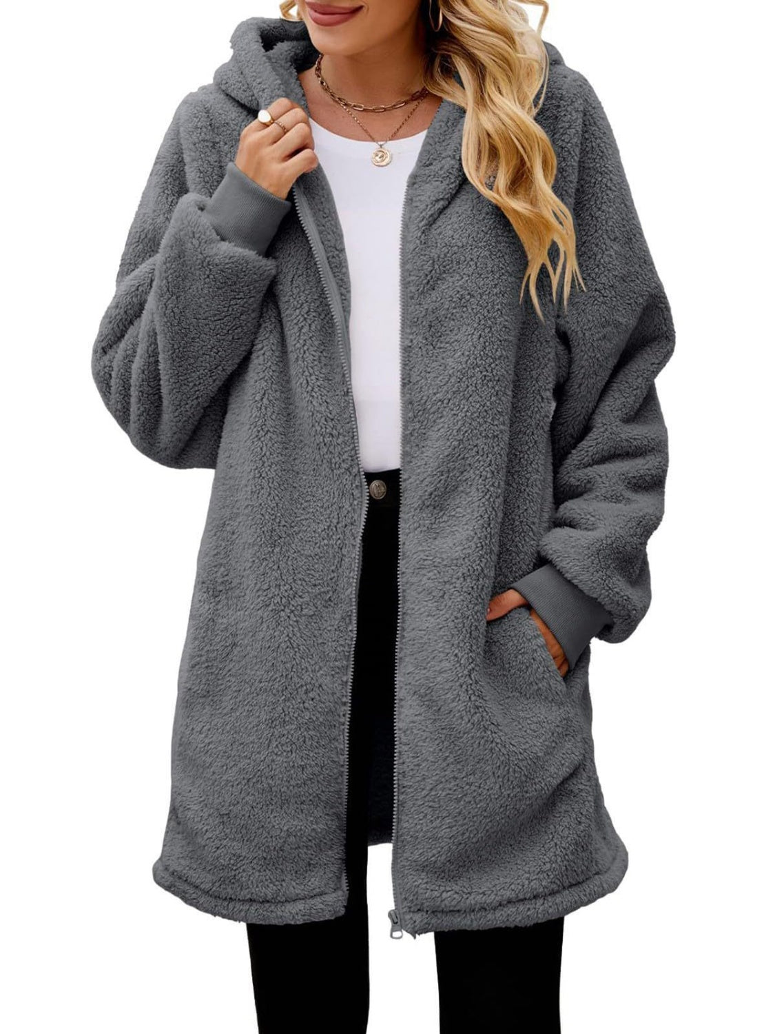 Fuzzy Pocketed Zip Up Long Sleeve Hooded Jacket Trendsi