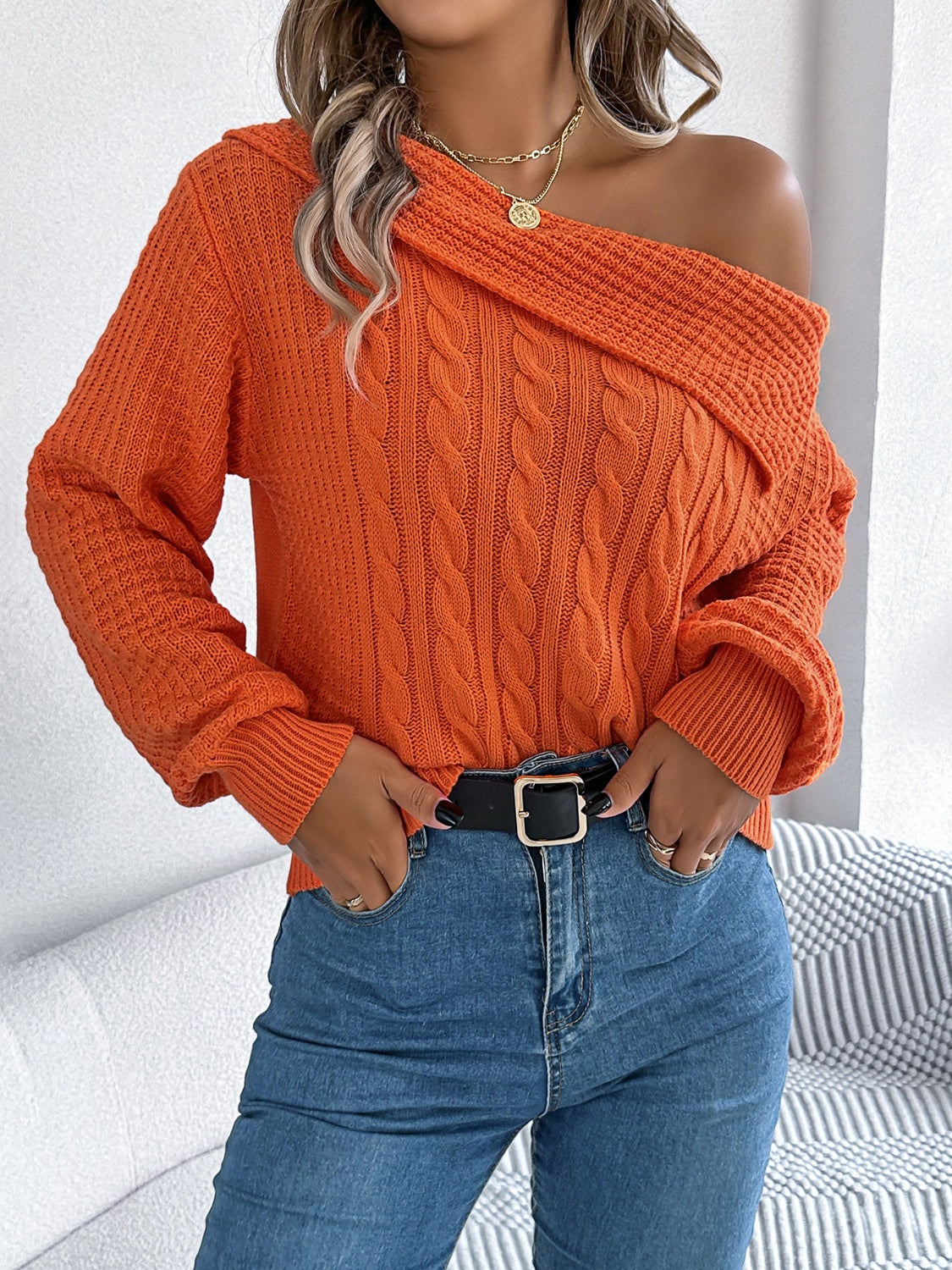 Cable-Knit One Shoulder Long Sleeve Sweater Trendsi