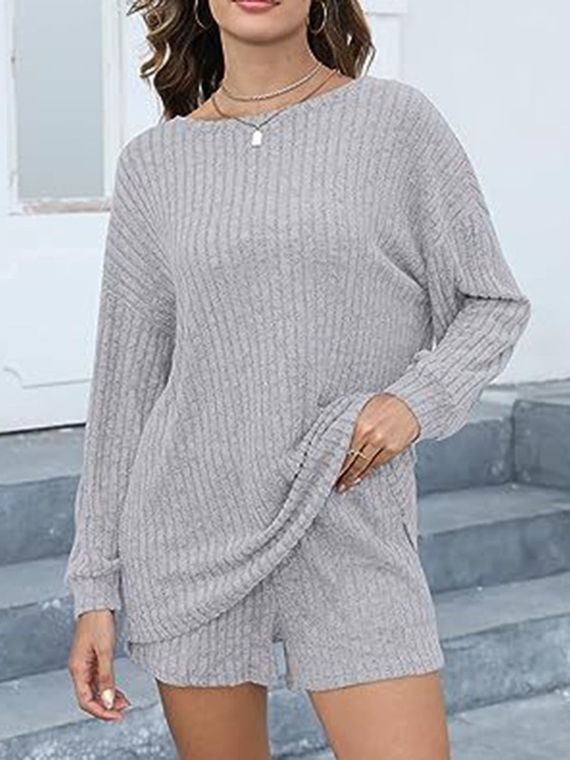 I Simply Love This! Comfy and Warm Round Neck Dropped Shoulder Top and Shorts Set Trendsi