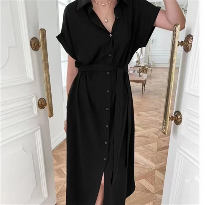 V-neck waist mid-length dress for women cardigan short-sleeved shirt dress for women - House of Cardwell