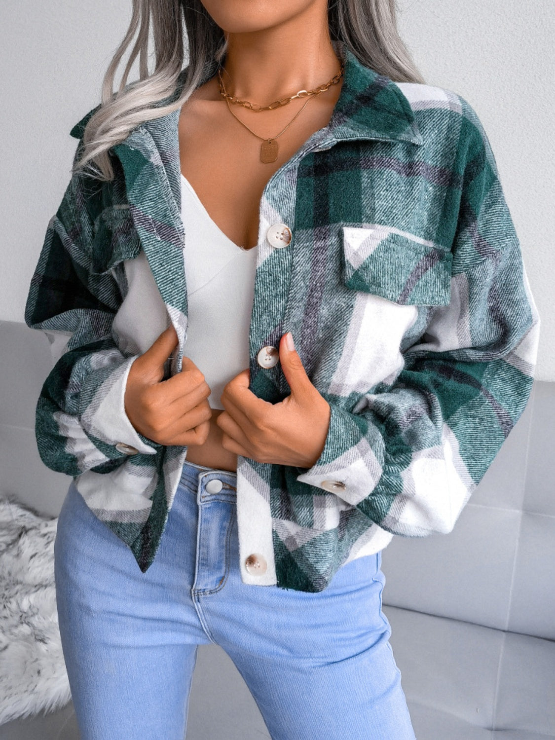 Plaid Collared Neck Long Sleeve Jacket Trendsi