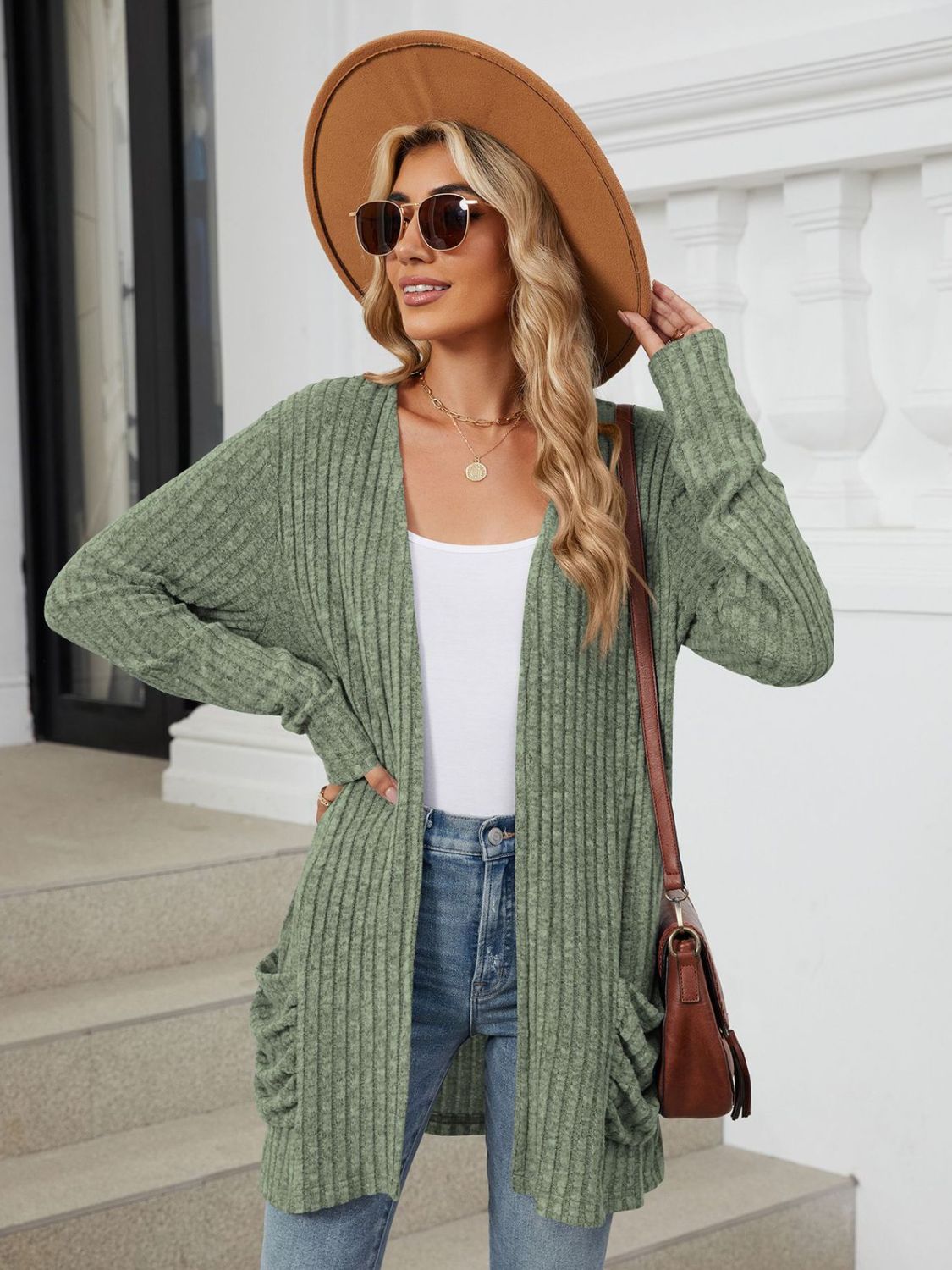 Pocketed Open Front Long Sleeve Cardigan Trendsi