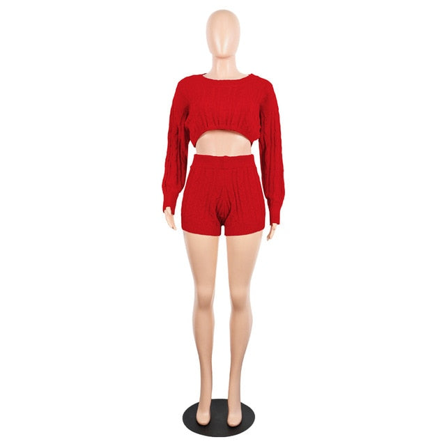 H.O.C Two Piece Fall/Winter Long Sleeve Knit Sweater Tops Bodycon Shorts Sexy Matching Sets eprolo