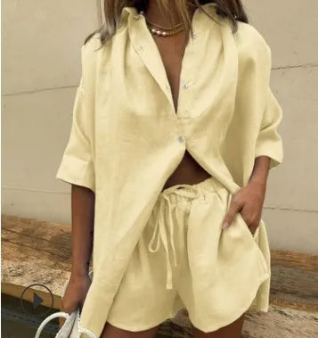 Summer Casual Cotton Linen Short Loose Sleeve Two-Piece Shirt Short Set eprolo