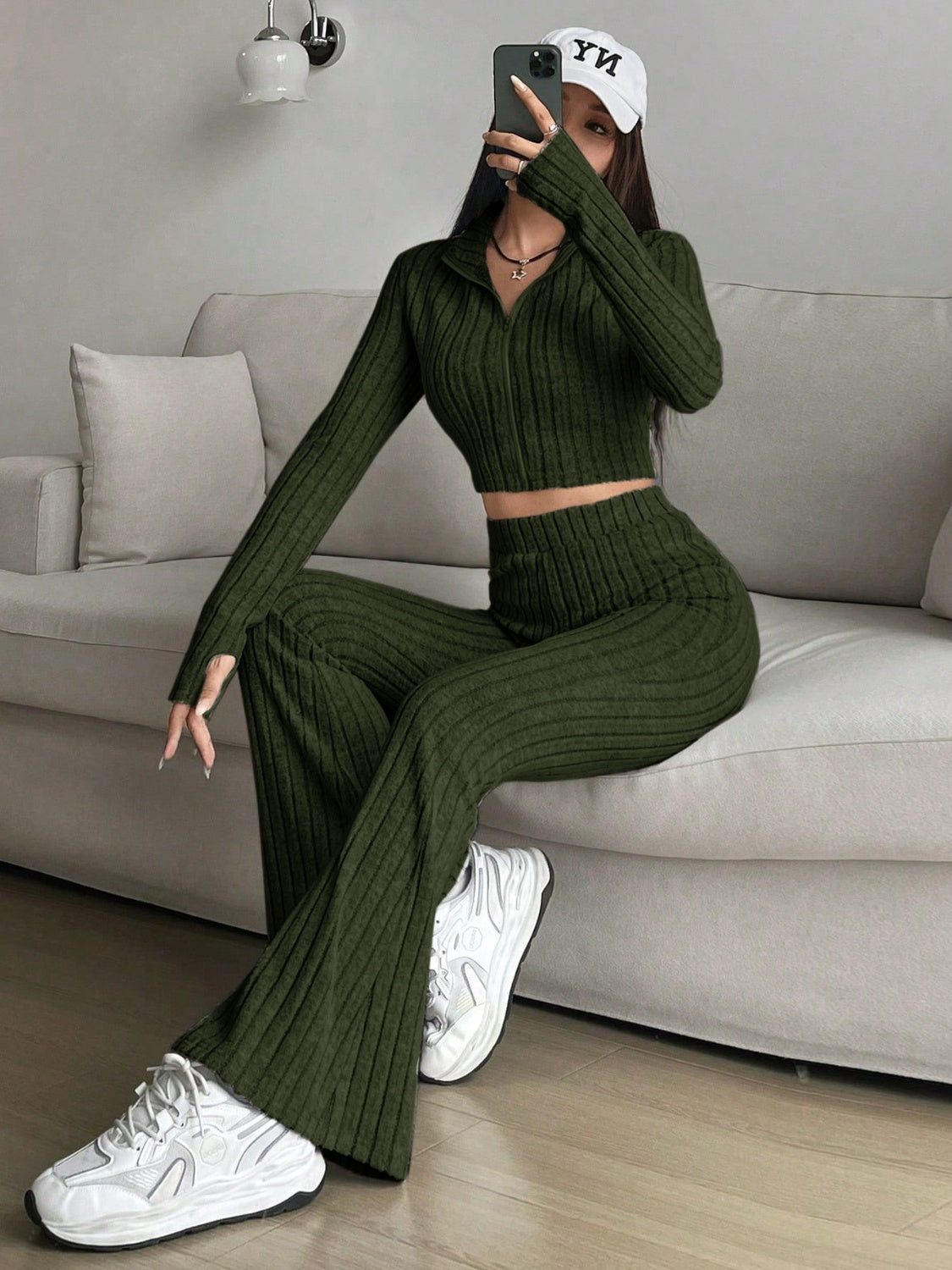 Honey Zip Up Long Sleeve Top and Pants Set Trendsi