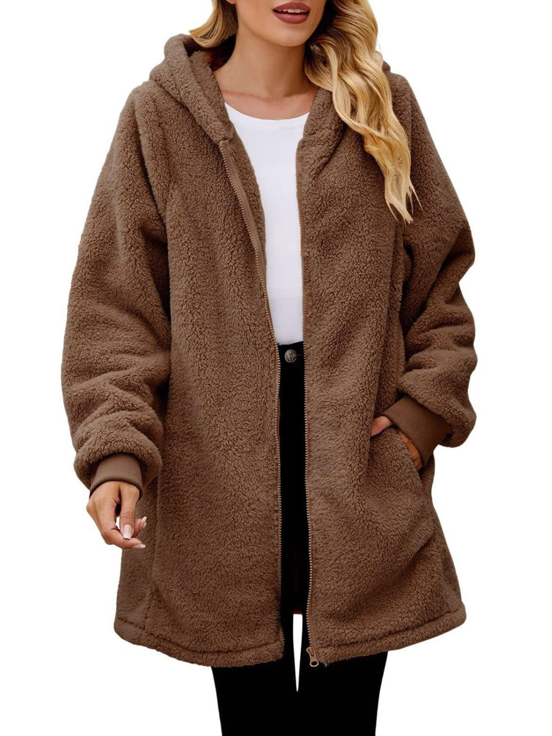 Fuzzy Pocketed Zip Up Long Sleeve Hooded Jacket Trendsi