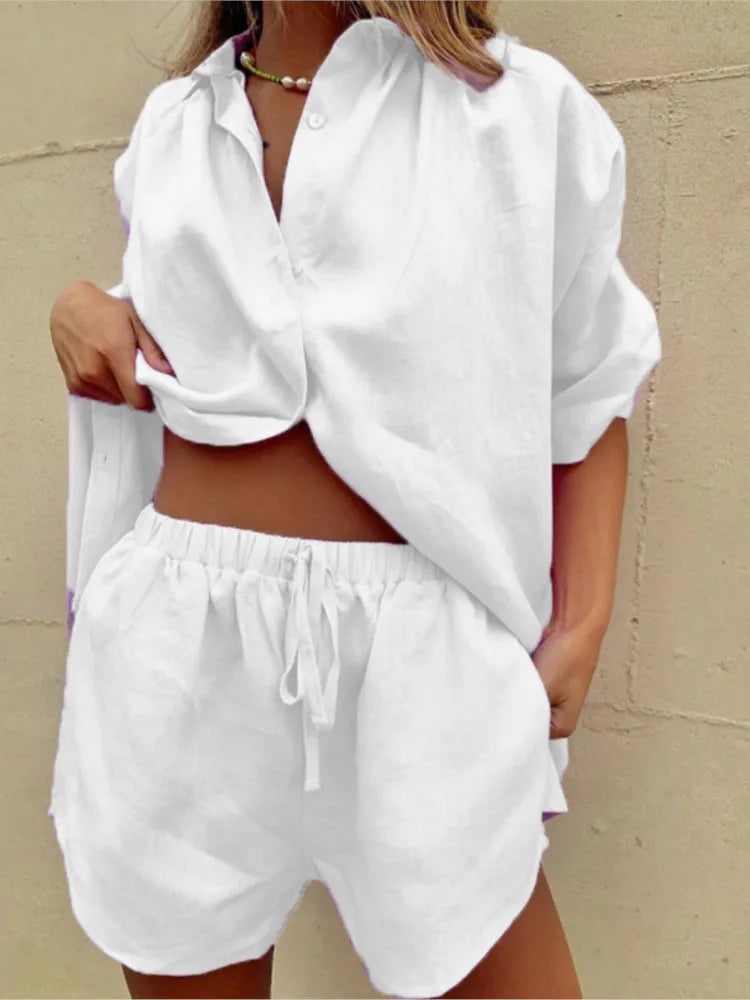 Summer casual cotton linen two-piece set featuring a loose short-sleeve shirt and matching shorts in a relaxed fit.

