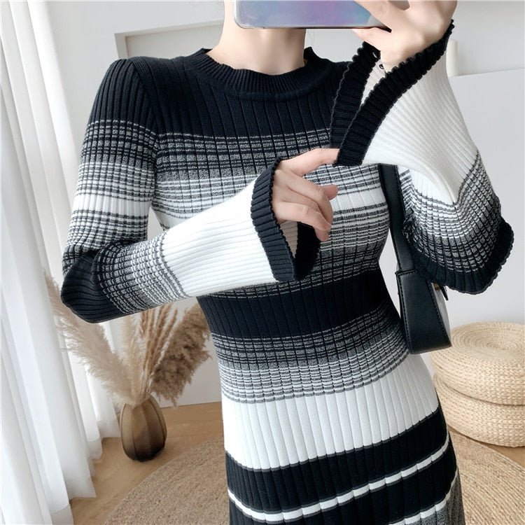 New Autumn and Winter Mid Length Over the Knee Slim Bottoming Knitted Sweater Dress eprolo