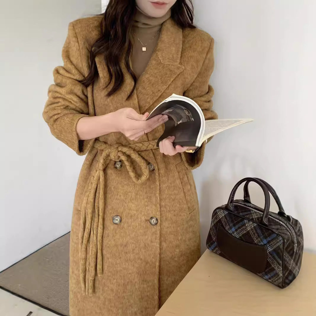 New high-end woven waistband design suit double-sided wool coat woolen coat medium long temperament women's coat eprolo