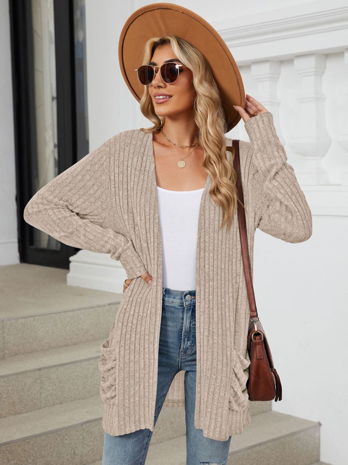 Pocketed Open Front Long Sleeve Cardigan Trendsi