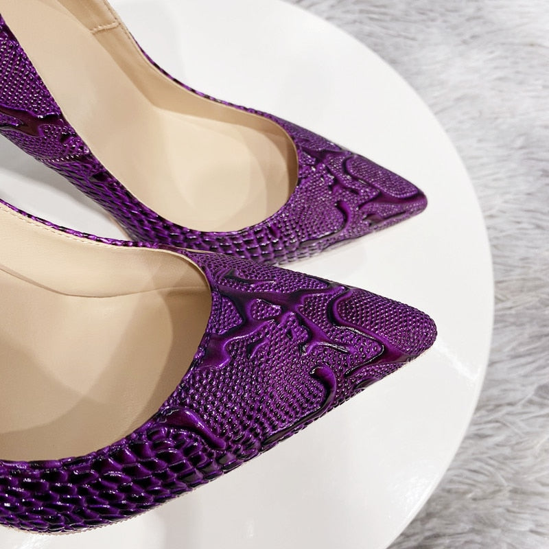 Tikicup Purple Embossed Crocodile Effect Women Pointy Toe Slip On High Heel Shoes for Party Sexy Ladies Dress Stiletto Pumps - House of Cardwell