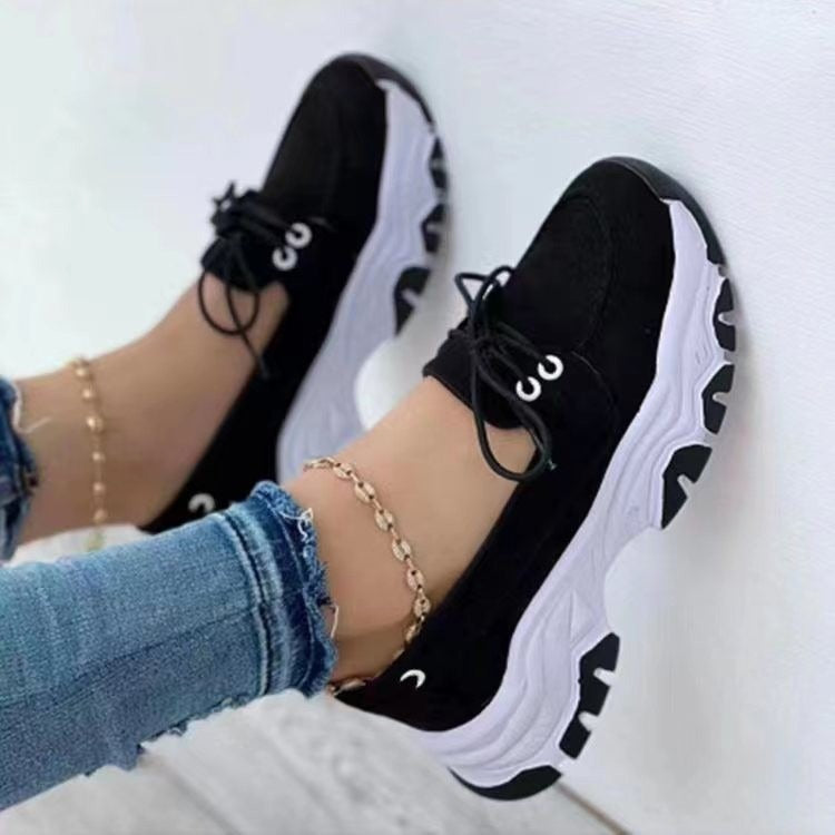 Front Lace up Casual Single Shoe Thick Sole Large Round Toe Low Top Single Shoe - House of Cardwell