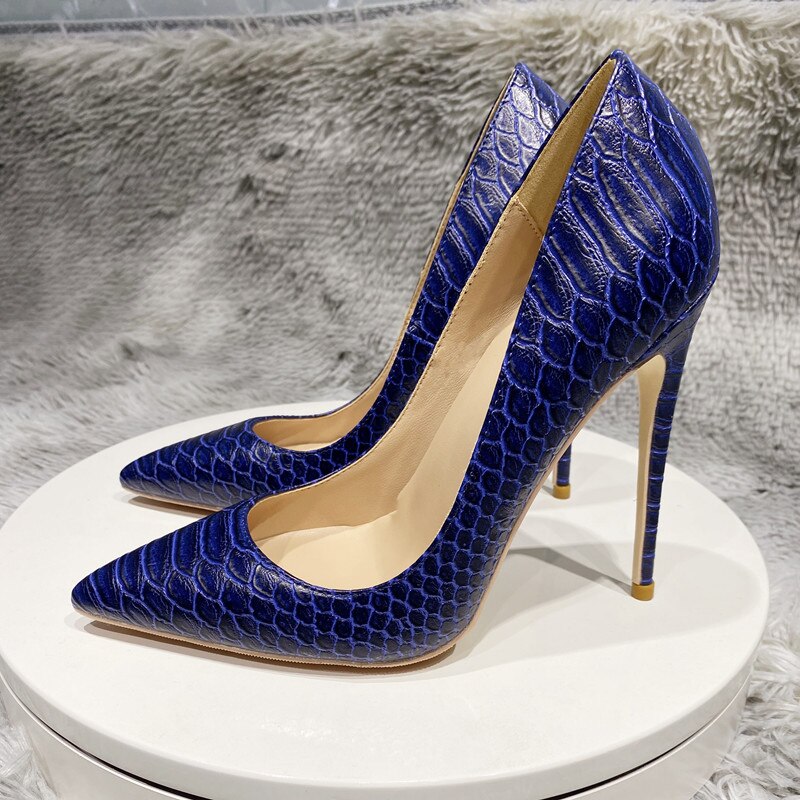 Navy Blue Crocodile Effect Pattern Women Sext Pointy Toe High Heel Shoes Chic Ladies Slip On Stiletto Pumps - House of Cardwell