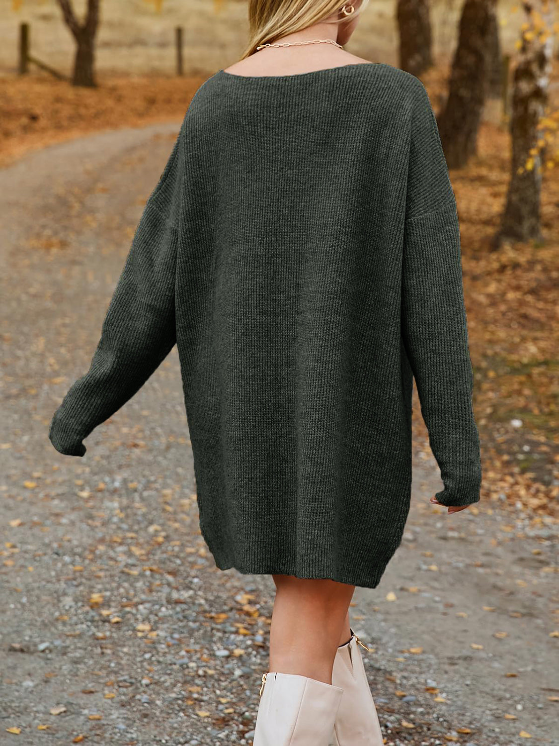 V-Neck Dropped Shoulder Sweater Dress Trendsi