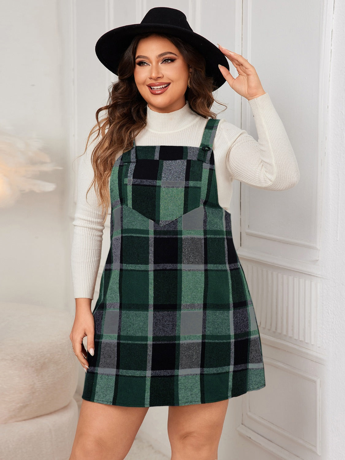 Honey Plus Size Plaid Wide Strap Overall Dress Trendsi